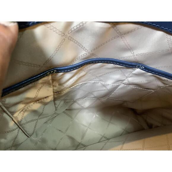 Michael Kors Blue Leather Logo Print Tote Handbag Dual Handles Sz 11x11 Luxe Bag - Picture 8 of 14